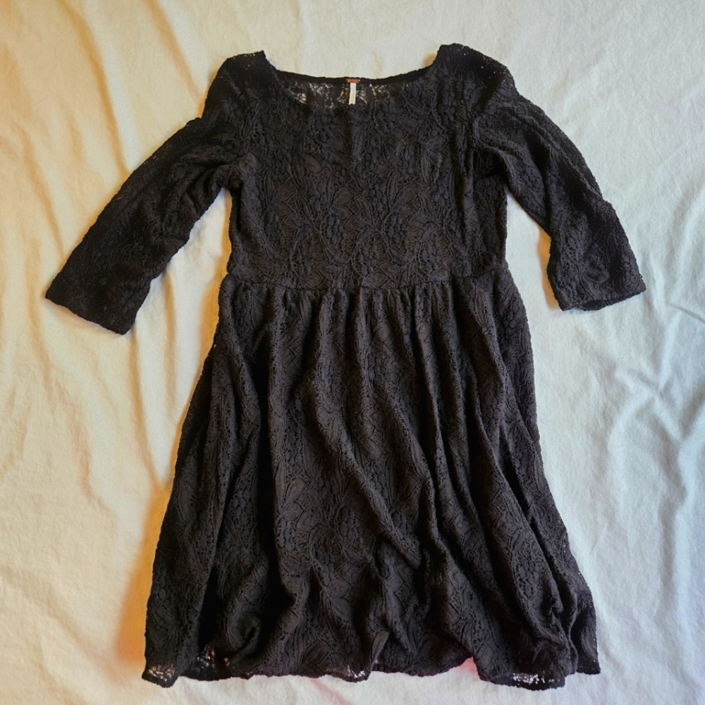 Free People Black Lace Mini Dress - long sleeve, sz S boho festival